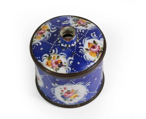A South Staffordshire Enamel String Box and Cover, circa 1770, of drum form, painted with flower sprigs in panels on a blue g