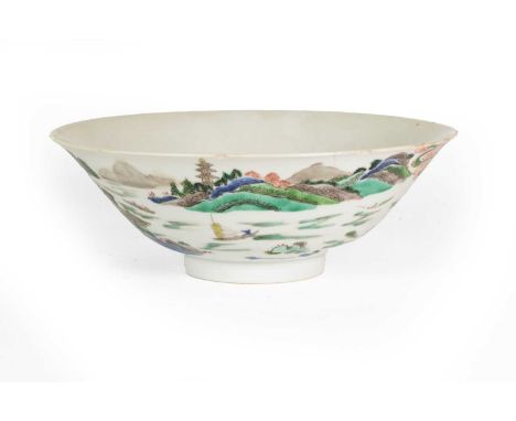 A Chinese Porcelain Bowl, Kangxi, of conical form, painted in famille verte enamels with a mountainous river landscape, 22.5c