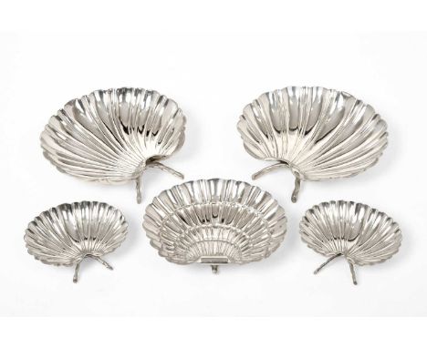 A Pair of Spanish Silver Dishes, by Lopez, 20th Century, shell-shaped and on two ball and two branch feet; Together With: A S