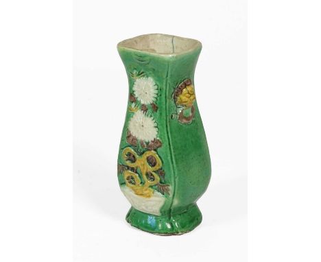 A Chinese Sancai Glazed Porcelain Vase, Kangxi, of square section baluster form, moulded with lion mask and ring handles and 