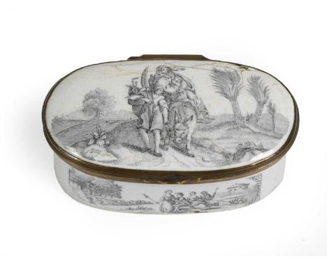 An English Enamel Snuff-Box, possibly Battersea, circa 1755, of oval form, printed en grisaille with a family travelling on a