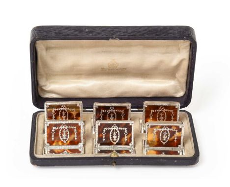 A Cased Set of Six George V Silver and Tortoiseshell Place-Card Holders, by Asprey, Five Birmingham, 1913 and One London, 191