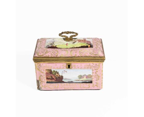 A South Staffordshire Enamel and Gilt Metal Casket, circa 1760, painted with landscapes in moulded panels on a pink ground hi