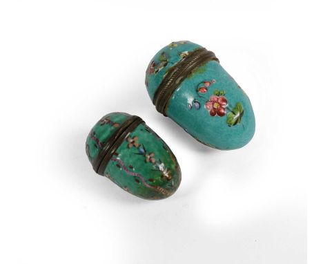 A South Staffordshire Enamel Box and Cover, circa 1780, of acorn form, moulded and painted with flowers on a sea-green, 5.5cm