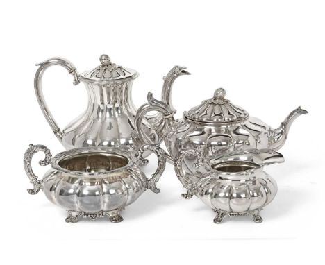 A George IV Old Sheffield Plate Four-Piece Tea and Coffee-Service, Apparently Unmarked, Circa 1820, each piece melon-fluted a