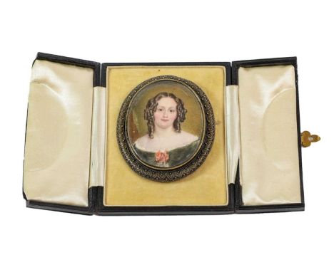 French School (19th century): Miniature Bust Portrait of a Girl, with ringleted hair, on ivory, oval, 6cm by 5cm, in gilt met