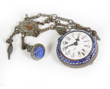 A South Staffordshire Enamel Locket, circa 1770, in the form of a fob watch with moveable metal hands, painted in raised whit
