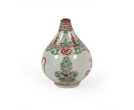 A Chinese Porcelain Bottle Vase, Kangxi, painted in famille verte enamels with auspicious objects below foliate and scroll bo