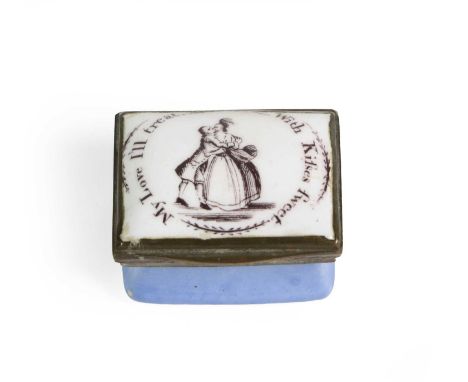 A South Staffordshire Enamel Patch-Box, circa 1780, printed with a courting couple and inscribed My Love I’ll Treat With Kiss