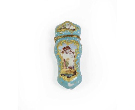 A South Staffordshire Enamel Etui, circa 1760, of flattened baluster form, painted with figures in classical landscapes on a 