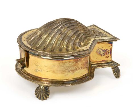 A Victorian Silver-Gilt Inkstand, by Charles Stuart Harris, London, 1878, in the form of a James I silver spice-box, shell-sh