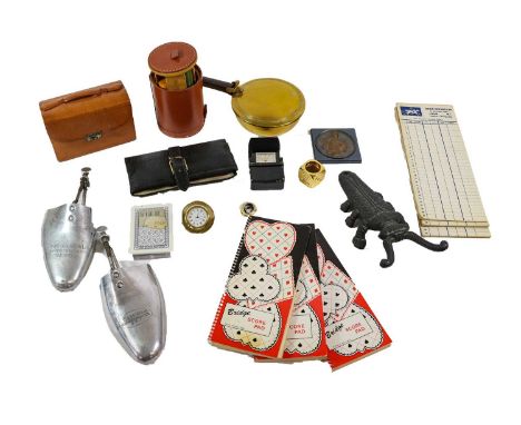 A Leather-Cased Travelling Bezique Set, 20th century, containing two packs of cards and two bezique markers; A Similar Travel