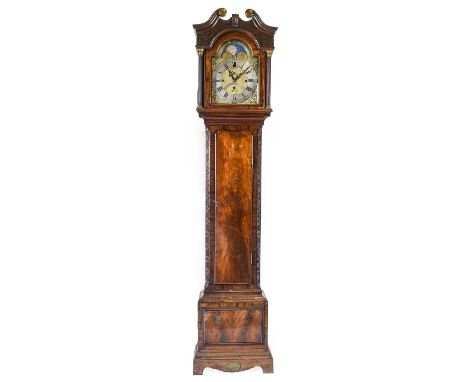 A Mahogany Quarter Chiming Longcase Clock, swan neck pediment, trunk with blind fretwork canted corners, inside trunk door wi