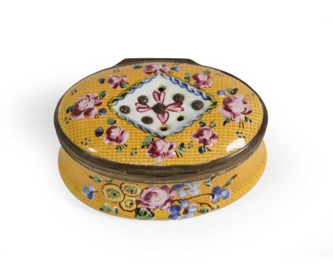 A South Staffordshire Enamel Snuff Box, circa 1770, of oval form, the central lozenge panel painted with a flowerhead and set