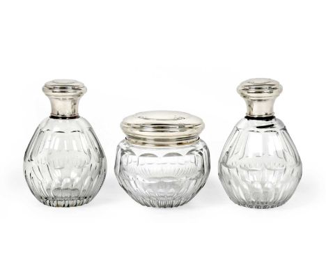 A Set of Three Spanish Silver-Mounted Cut-Glass Dressing-Table Jars, Maker's Mark a Cup, 20th Century, the detachable covers 