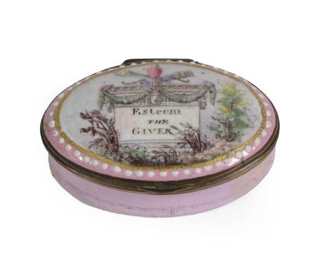 A South Staffordshire Enamel Patch Box, circa 1790, of oval form, printed and overpainted with an altar inscribed Esteem the 