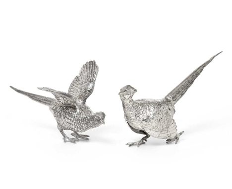 A Pair of Elizabeth II Silver Models of Pheasants, by Edward Barnard and Sons Ltd., London, 1963, realistically modelled, 14.