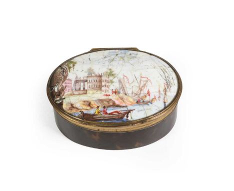 A South Staffordshire Enamel Mounted Tortoiseshell Snuff Box, circa 1770, of oval form, the hinged cover painted with an Ital