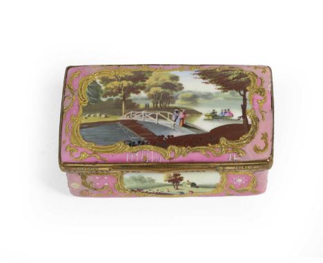 A South Staffordshire Enamel Snuff-Box, circa 1770, of rectangular form, painted with figures on a bridge and in a boat in a 