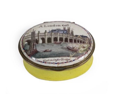 A South Staffordshire Enamel Patch Box, circa 1770, of oval form, printed and overpainted with A London Gift Westminster Brid