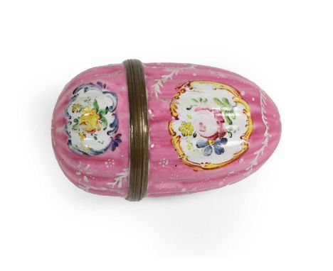 A South Staffordshire Enamel Bonbonniere, circa 1770, of fluted acorn form, painted with rose sprigs in panels on a pink grou