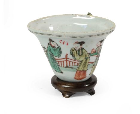 A Chinese Porcelain Libation Cup, Kangxi period, of oval form with applied dragon handle, painted in famille verte enamels wi