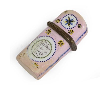 A South Staffordshire Enamel Scent Bottle Case, circa 1780, of domed rectangular form, inscribed Esteem the Giver/Sweets to t