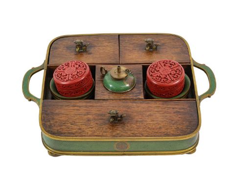 A Chinese Gilt Metal Mounted Hardwood and Cloisonné Desk Stand, 19th century, of rounded rectangular form with twin loop hand