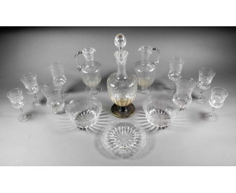 A Webb Glass Table Suite, 20th century, engraved with foliage over gadrooned bands, comprising:1 decanter and stopper2 ewers3