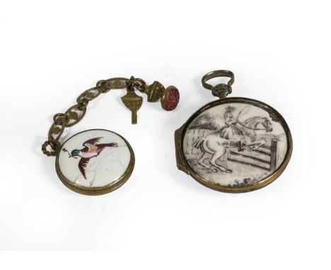 A South Staffordshire Enamel Box, circa 1770, in the form of a pocket watch case, printed in black with a lady on horseback c