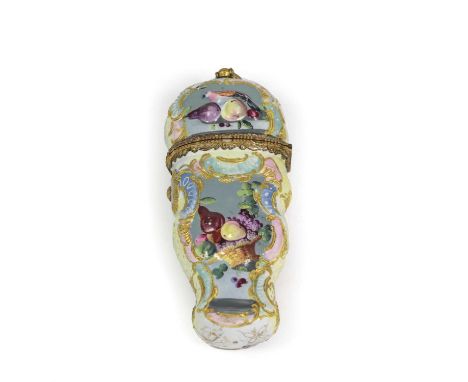 A South Staffordshire Enamel Etui, circa 1770, of moulded flattened baluster form, painted with baskets of fruit and birds in