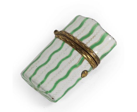 A South Staffordshire Enamel Scent Bottle Case, circa 1780, of oval section rectangular form, painted in green and gilt with 