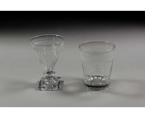 A Glass Tumbler, early 19th century, engraved with swags over basal cutting, 12cm high; and A Similar Wine Glass, of conical 