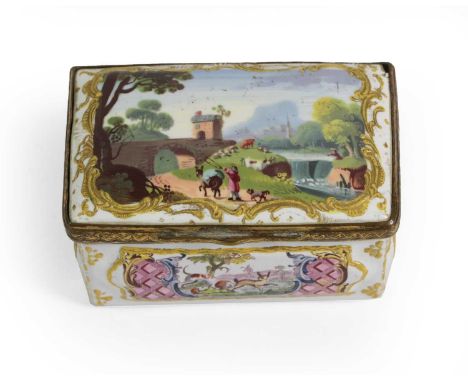 A South Staffordshire Enamel Snuff-Box, circa 1770, painted with a river landscape and with raised panels of animals in lands