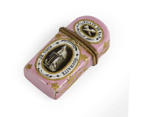 A South Staffordshire Enamel Scent Bottle Case, circa 1780, of domed rectangular form, painted in purple monochrome with clas