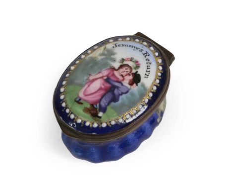 A South Staffordshire Enamel Patch Box, circa 1800, of oval form, painted with Jenny’s Return within a white enamel beaded bo