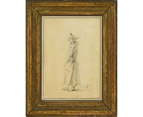 French School (18th century)Portrait of a refined gentleman standing, wearing a long overcoat and a tricorn hat Indistinctly 