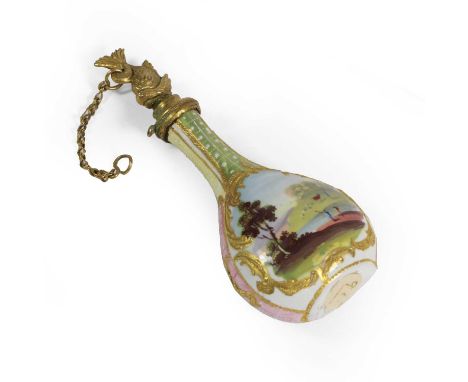 A South-Staffordshire Enamel Scent Bottle and Stopper, circa 1760, of flattened pear shape with dolphin finial, painted with 