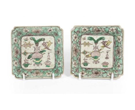 A Pair of Chinese Porcelain Sweetmeat Dishes, Kangxi, of square form, painted in famille verte enamels with auspicious emblem