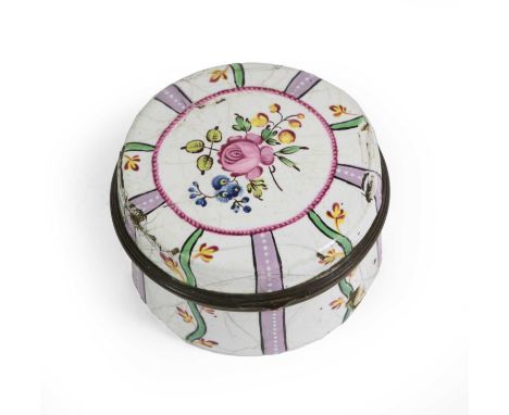 A South Staffordshire Enamel Snuff Box, 19th century, of circular form, painted with flowers on a foliate and ribbon ground, 