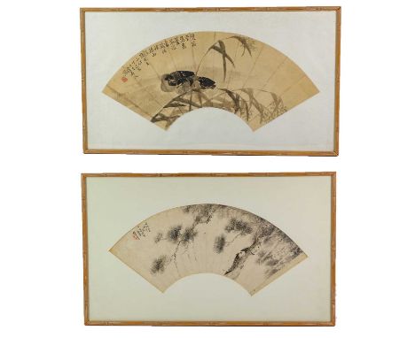 Chinese School (19th century): A Fan Painting, depicting two ducks amongst bamboo and with calligraphy, seal mark in red, 55c