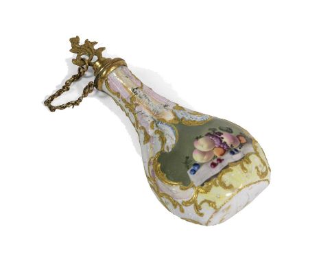 A South Staffordshire Gilt Metal Mounted and Enamel Scent Bottle, circa 1760, of flattened pear shape, painted with river lan