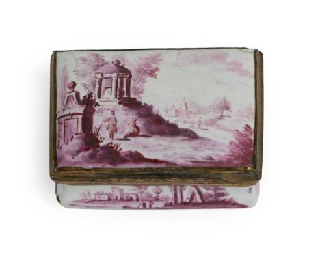 A South Staffordshire Enamel Patch Box, circa 1770, of rectangular form, painted in puce monochrome with classical buildings 