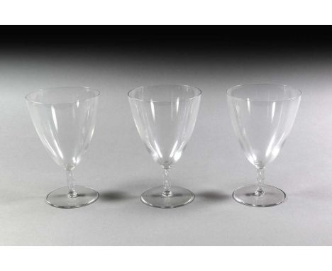 A Set of Three Lalique Guebwiller Frosted and Clear Glass Water Glasses, engraved Lalique France, 14.2cm highFootnote: See Fé