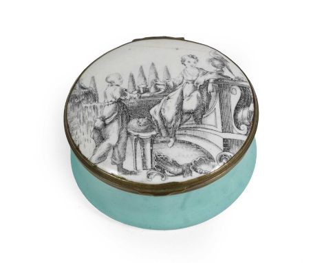 An English Enamel Snuff Box, probably Battersea, circa 1755, of circular form, printed en grisaille with a lady and chinoiser