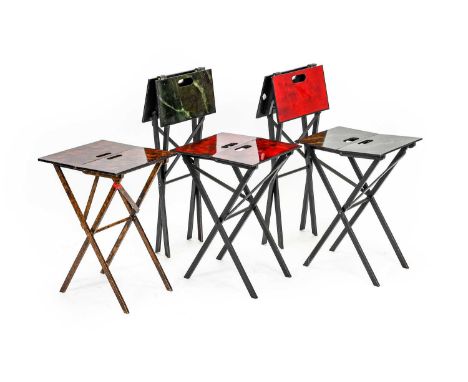 Five 20th Century Folding Tables, two painted red, two painted as simulated verde antico and another as leopard print, 49.5cm
