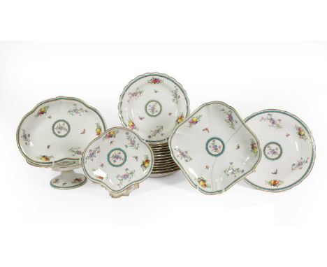 A Spode Copeland's China Dessert Service, early 20th century, decorated in 18th century style with fruit, flowers and insects