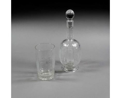 A Victorian Glass Decanter and Stopper, of lobed oval form, engraved with flowering branches, 20cm high; A Matching Cylindric