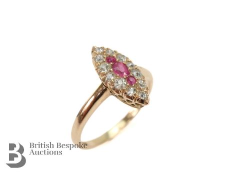 Antique 18ct yellow gold ruby and diamond ring. The ring set with a marquise-form ring set with three rubies 2 x 1.5mm, 1 x 3