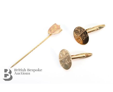 Pair of 9ct yellow gold cufflinks, approx&nbsp; 7.88 gms, together with a shield stick pin.&nbsp;